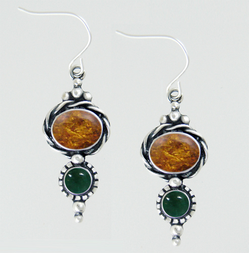 Sterling Silver Drop Dangle Earrings With Amber And Fluorite